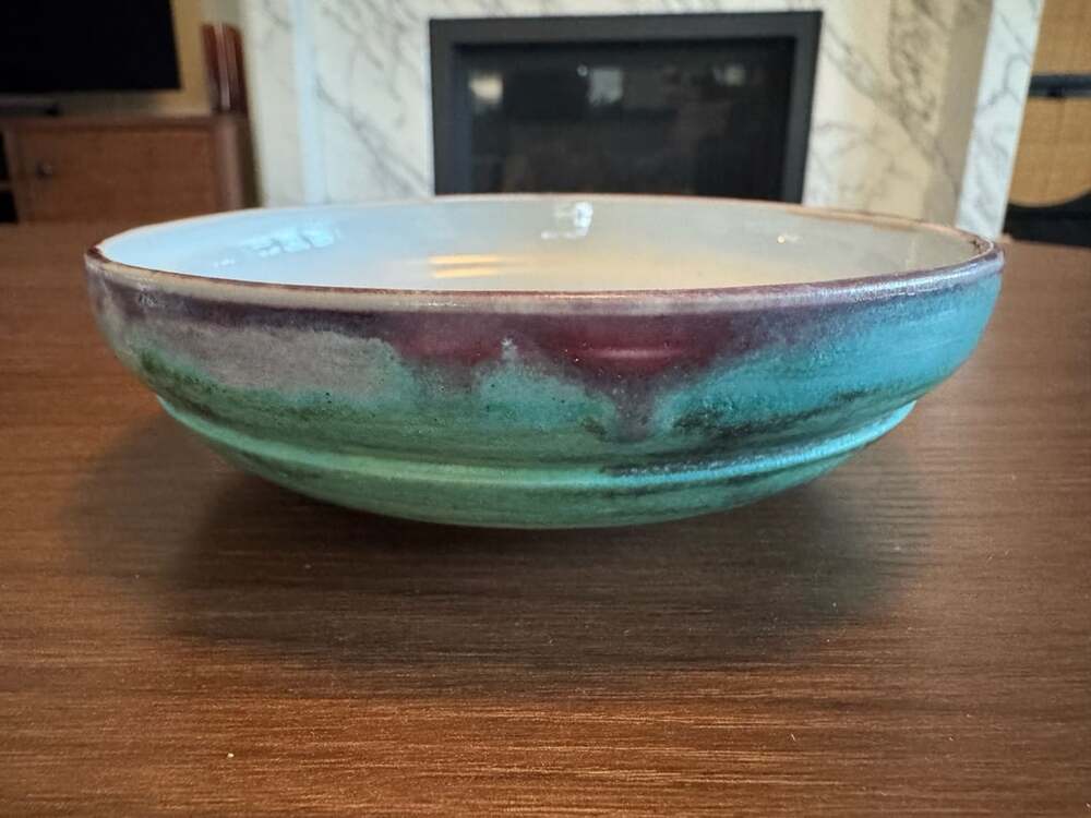 Handmade Bowl with Marbled Green, Blue, and Purple Glaze